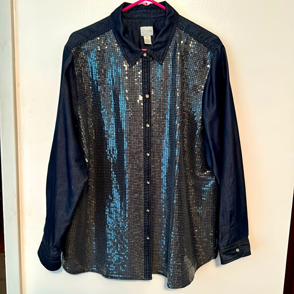 Chicos size 4 or XXL denim long sleeve button down top with sequins.